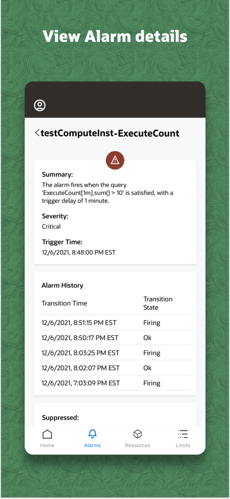 Uno screenshot dell'app mobile Oracle Cloud Infrastructure che mostra informazioni dettagliate e cronologia per un allarme di sistema specifico