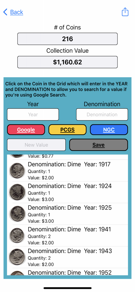 My Valuable Coin Collection - Dashboard of My Valuable Coin Collection app displaying total number of coins and collection value alongside an inventory list