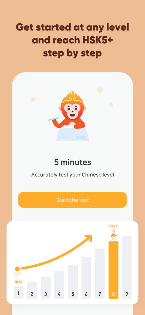 SuperChinese - Learn Chinese - SuperChinese app screen showing a five minute Chinese proficiency test with HSK progress tracking