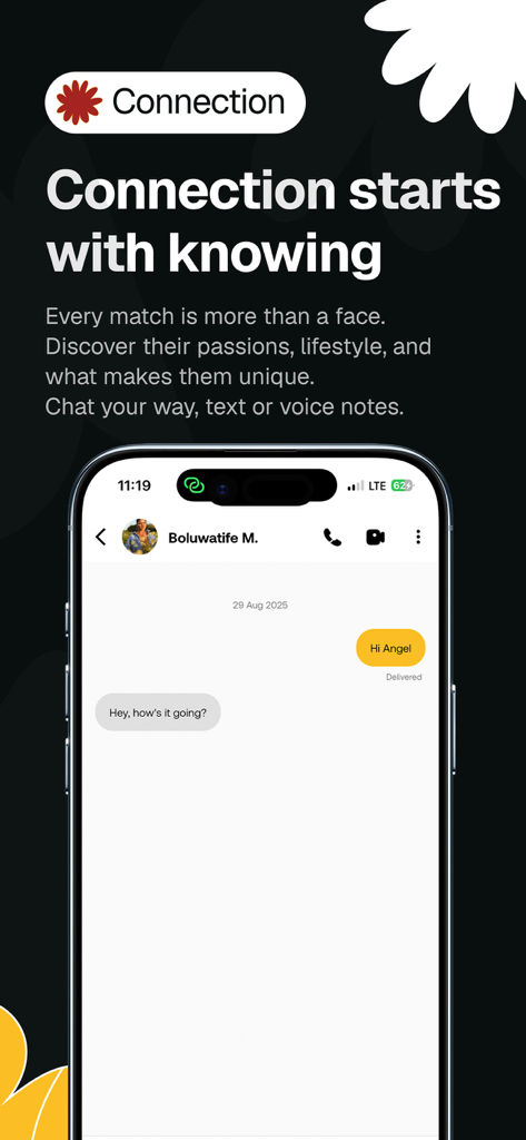 Tela de chat no aplicativo Tova Dating mostrando uma conversa de texto entre membros enfatizando conexões significativas.