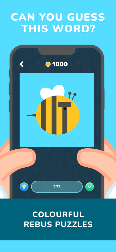 Mister Rebus - Una pantalla de smartphone que muestra un colorido acertijo de 'rebus' con una abeja y la letra T