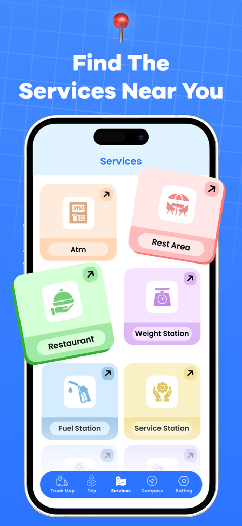 Truck Map Routes : Truck GPS - Truck GPS app screen showing icons for nearby services including fuel stations and rest areas