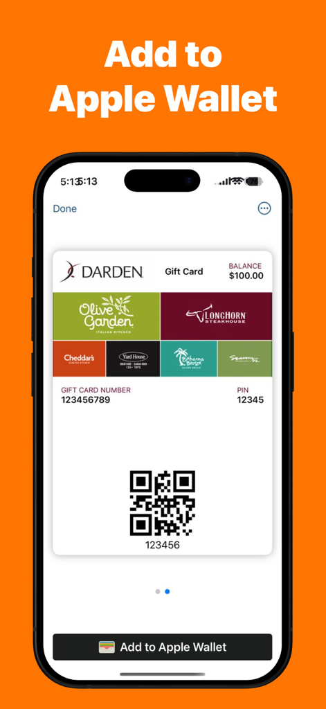 Wallet Creator: Digital Passes - Captura de pantalla de iPhone mostrando una tarjeta de regalo digital de Darden en la aplicación Wallet Creator con un botón para añadirla a Apple Wallet