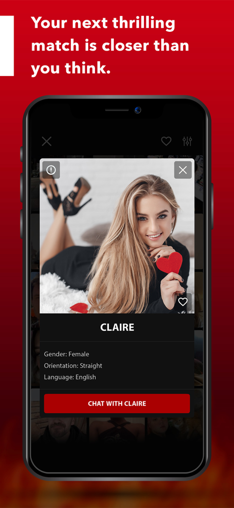 LOVE CHAT - Meet new friends - 대화 시작 버튼이 있는 Love Chat 앱의 사용자 프로필을 보여주는 스마트폰 화면.