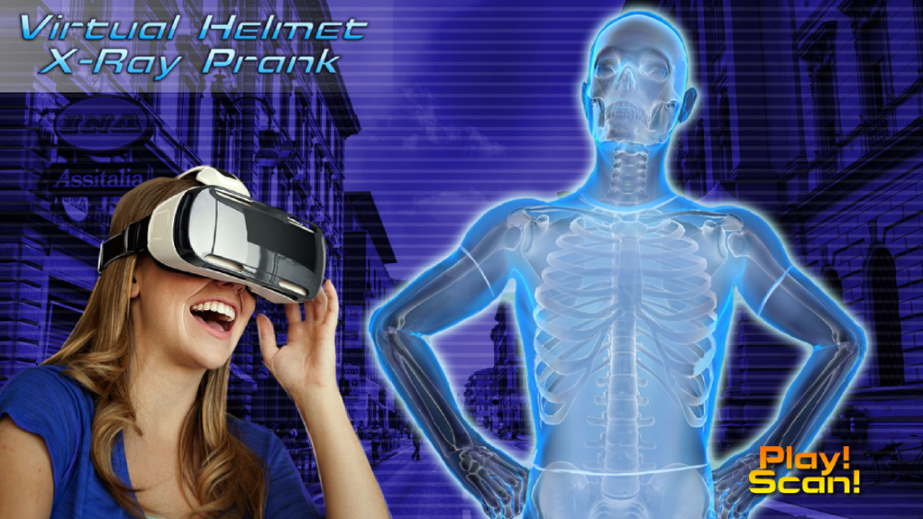 A woman laughing with a VR headset and a blue X-ray skeleton prank effect