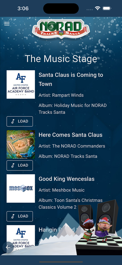 NORAD Tracks Santa Claus - The Music Stage screen in the NORAD Tracks Santa app listing holiday songs with festive dancing elves