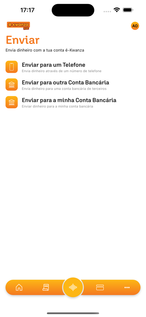 Um ecrã de aplicação móvel mostrando opções para enviar dinheiro para um número de telefone ou conta bancária na carteira digital e-Kwanza.