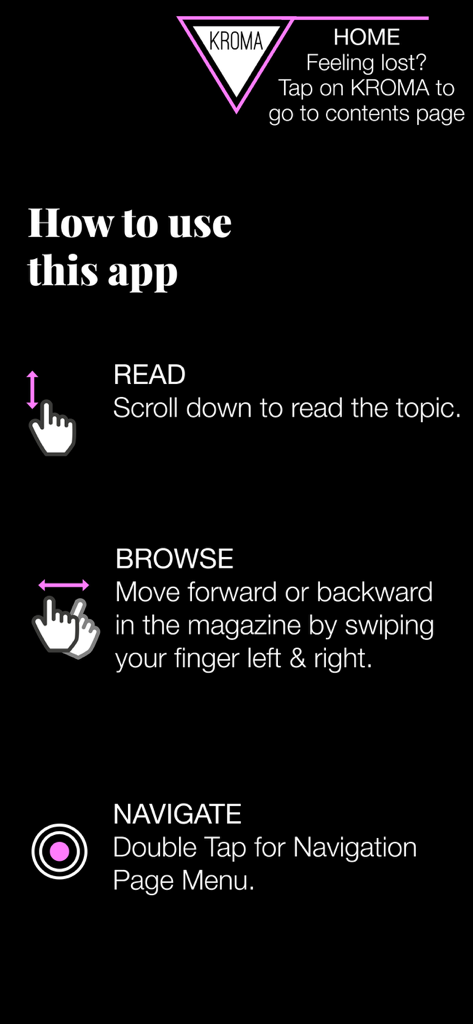 KROMA Magazine - KROMA Magazine app tutorial screen showing instructions for reading browsing and navigation