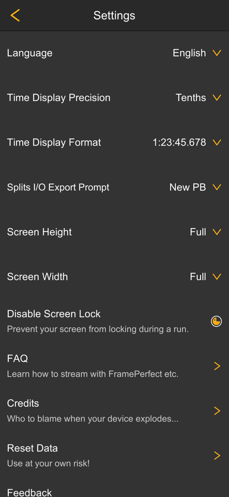 FramePerfect Speedrun Timer - Settings screen for FramePerfect Speedrun Timer app featuring options for language, time display precision, and export prompts.