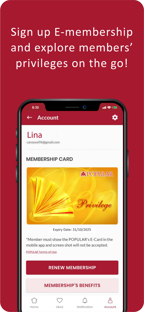 Digital e-membership card on the Popular MY app account screen showing member privileges and renewal options