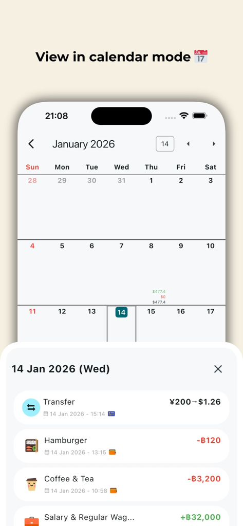NoteMoney mobile app interface showing a monthly calendar view with a daily list of expenses and income transactions
