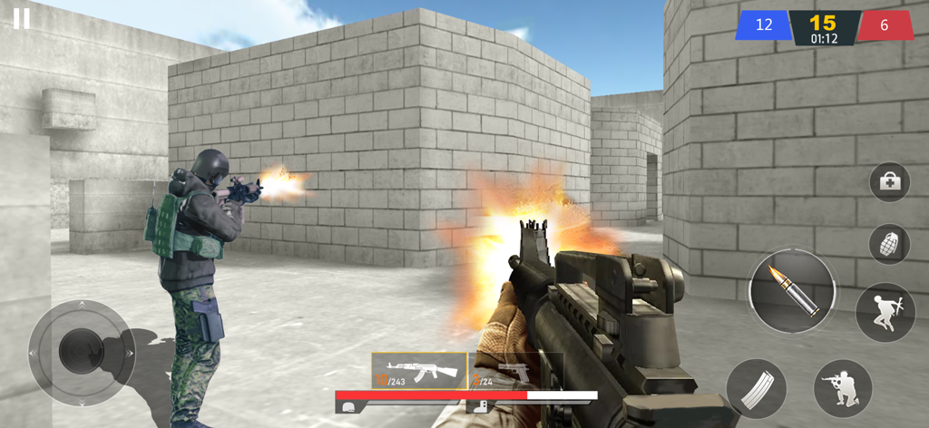 Critical Terrorist Shoot FPS - First person perspective of a player shooting an assault rifle in a tactical combat game