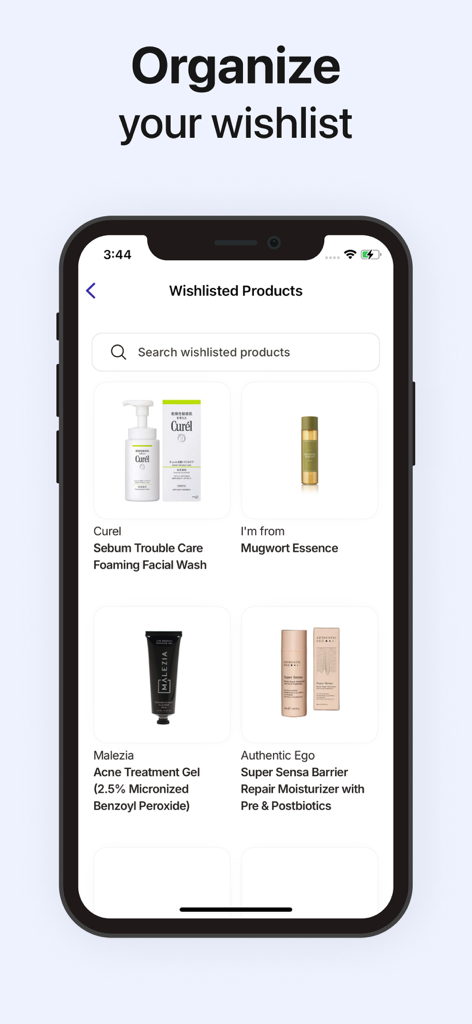 SkinSort - Skincare Scanner - SkinSort app interface showing a personalized skincare product wishlist