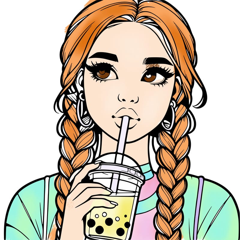 realistic girl with braided hair drinking boba