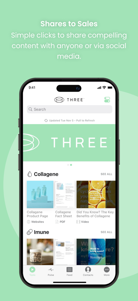 THREE International - Interfaccia dell'app THREE International che mostra strumenti di marketing per i prodotti Collagene e Imune con opzioni per condividere siti web, PDF e video.
