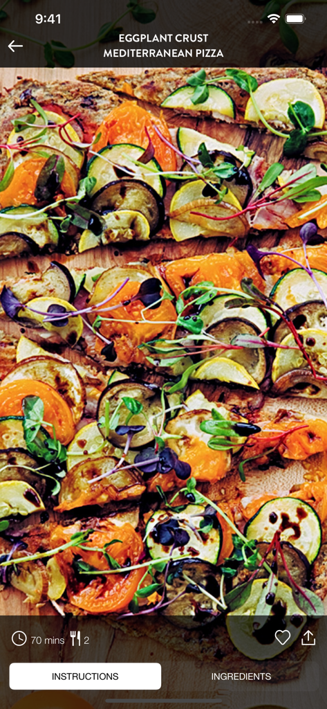 Paleo Plate - Eggplant crust Mediterranean pizza recipe display in Paleo Plate app