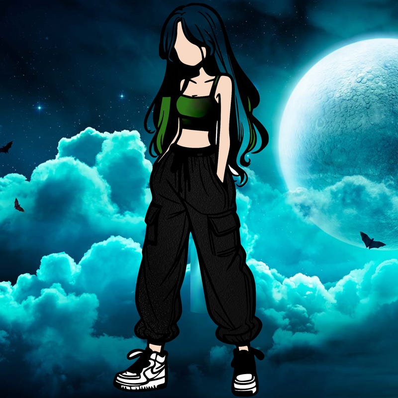 girl in baggy pants crop top and long hair