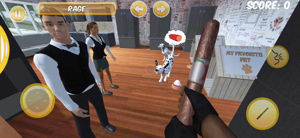 Neighbors OGのゲームプレイの一人称視点。奇妙な隣人とダルメシアン犬がいるキッチンが見える