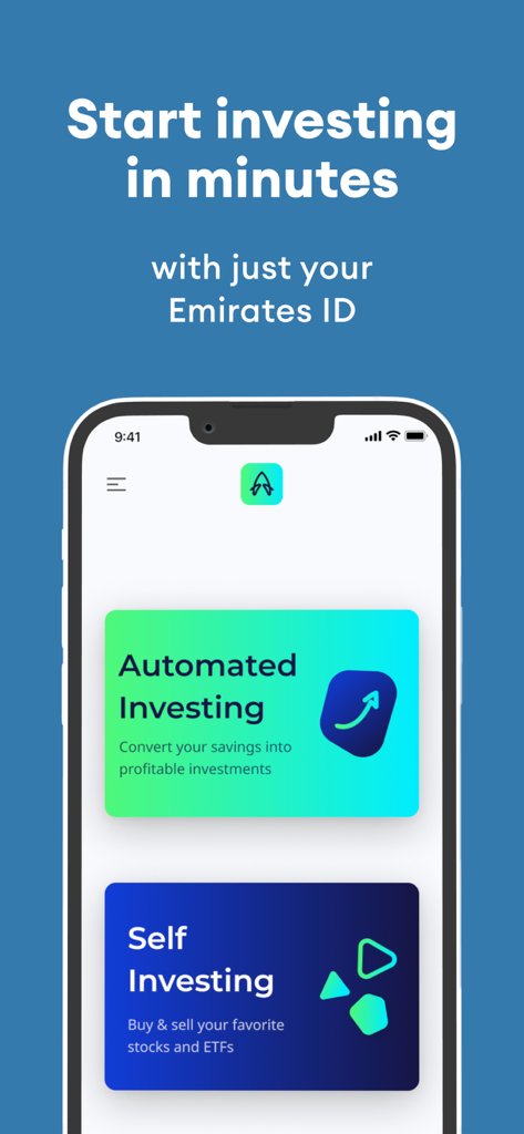 CBD Investr: Stocks Investing - CBD Investr App-Startbildschirm mit automatischen und manuellen Investitionsoptionen und Emirates ID-Registrierung