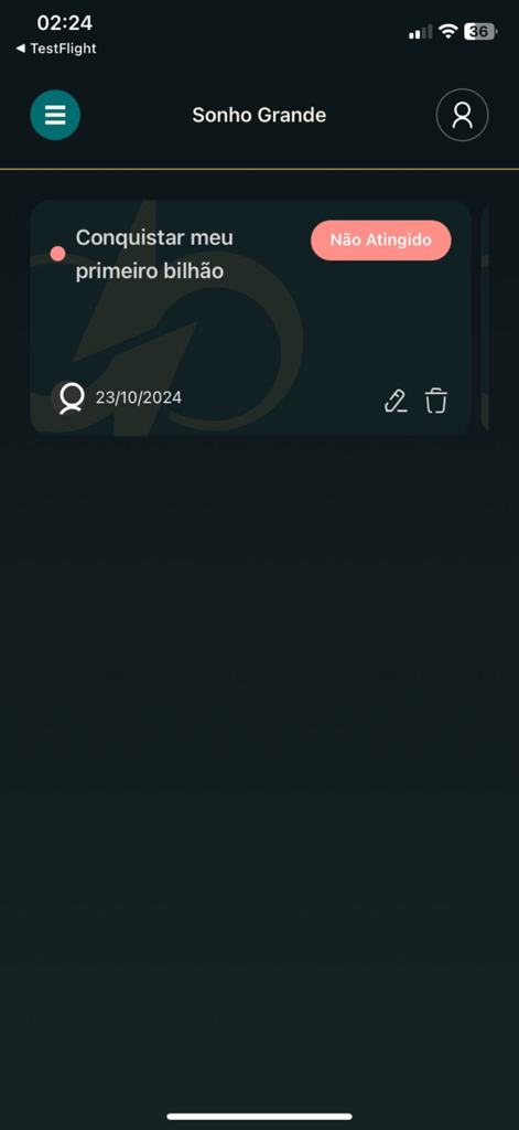 Marca Passosアプリの目標追跡画面。ステータスが表示された大きな夢の目標カードが表示されています。