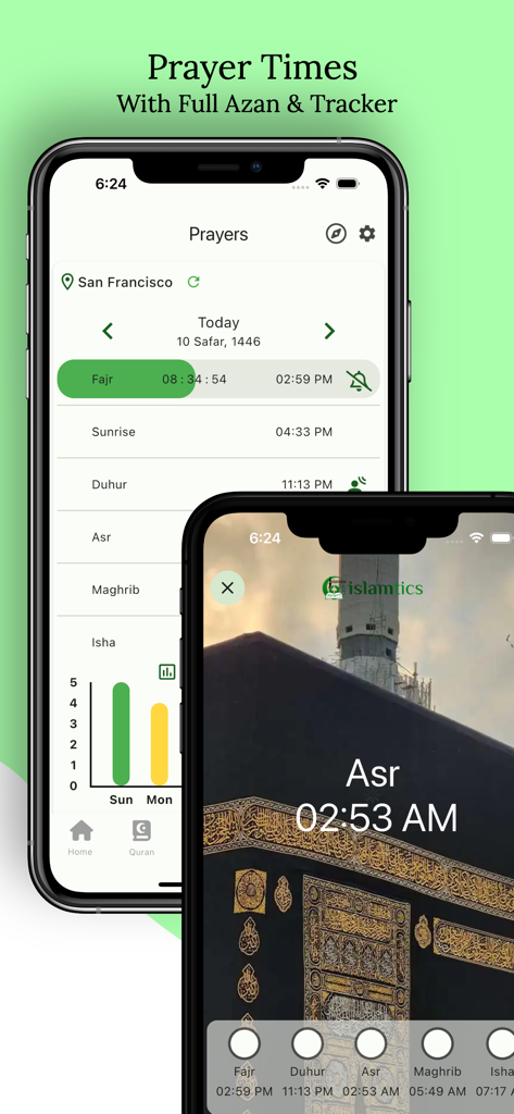 Islamtics: Quran, Qibla & Azan - Islamtics app interface displaying prayer times and a daily prayer tracker