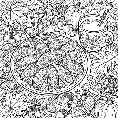Delight in the comforting scene of biscotti cookies surrounded by beautiful autumn foliage and harvest elements. This intricate coloring page is perfect for teens seeking a relaxing and creative seasonal challenge.