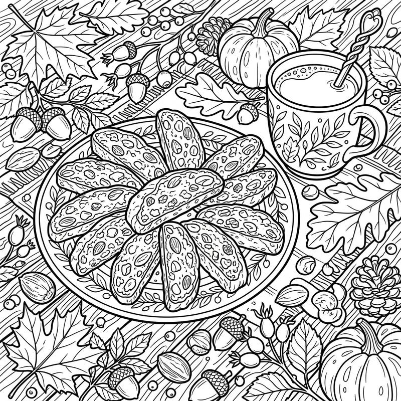 Delight in the comforting scene of biscotti cookies surrounded by beautiful autumn foliage and harvest elements. This intricate coloring page is perfect for teens seeking a relaxing and creative seasonal challenge.