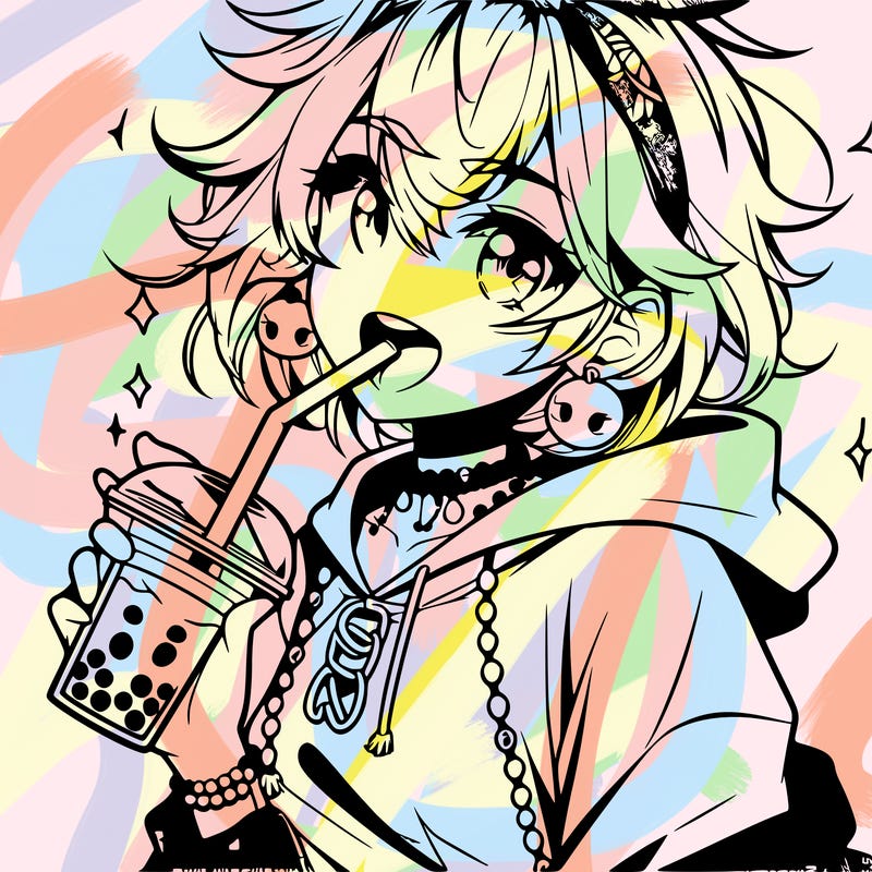 hot baddie anime girl drinking boba and biting the straw