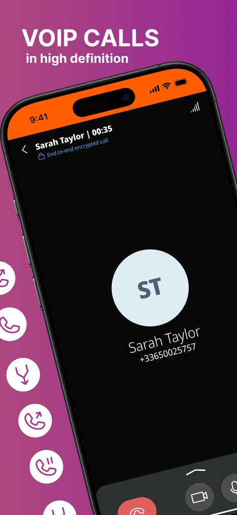 Linphone - Linphone app interface showing an end-to-end encrypted VoIP call in progress