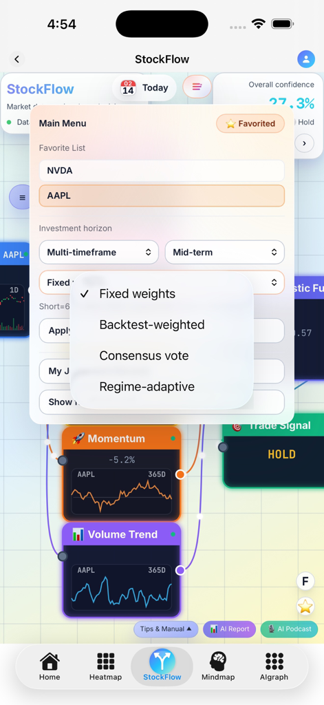 StockFlow app main menu with investment horizon settings and favorite stocks list