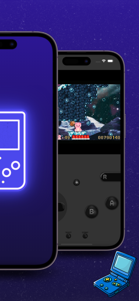 Um jogo retrô rodando no emulador iGBA em um iPhone com controles de toque transparentes.