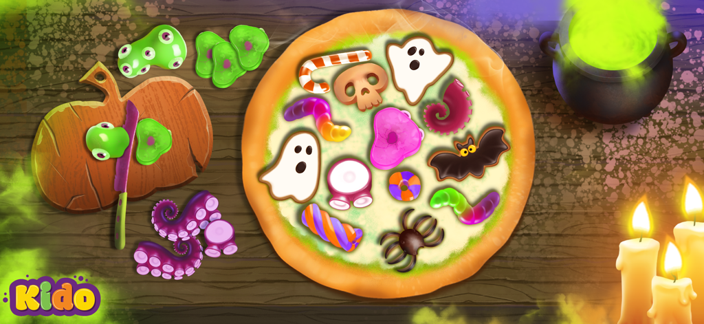 Pizza Games Baking for Kids - Pizza espeluznante de Halloween decorada con ingredientes de fantasmas y arañas en una aplicación de cocina para niños