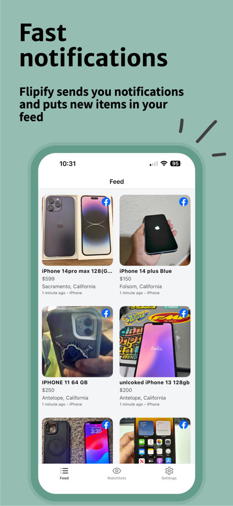 Interface de l'application Flipify montrant un flux d'iPhones nouvellement répertoriés avec des alertes de notification rapides