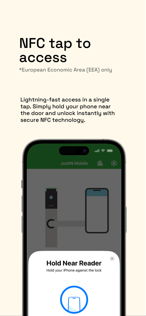 JustIN Mobile app interface showing NFC tap to access feature for unlocking doors