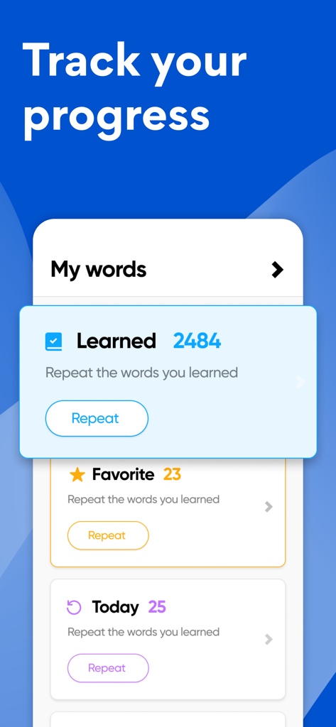 Lexis: Curso de Inglés - Interfaz de la aplicación Lexis mostrando un resumen de palabras de inglés aprendidas y estadísticas de progreso