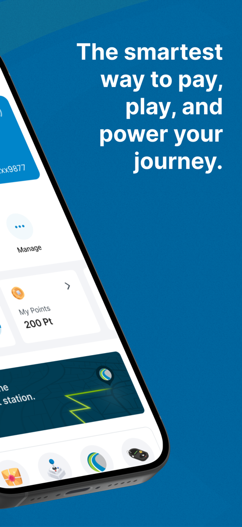 Smartphone-Bildschirm, der die Oman Oil App-Oberfläche mit Treuepunkten und dem Slogan 'Der intelligenteste Weg zu bezahlen' anzeigt