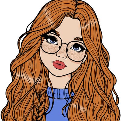 girl with long hair and freckles and glasses realistic