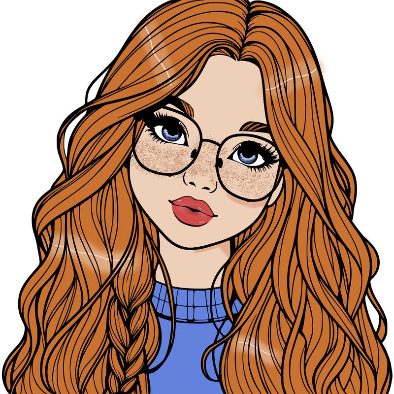girl with long hair and freckles and glasses realistic