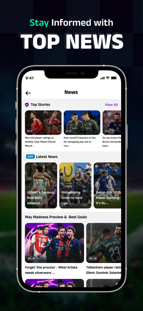 Live Football TV - Live Match - Écran de l'application FootMantra affichant les meilleures actualités de football et les dernières mises à jour.