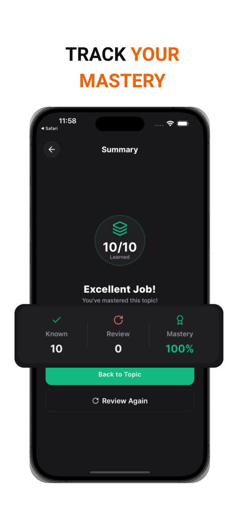 Una pantalla de smartphone que muestra el resumen de seguimiento de dominio de la aplicación TikoNote con un 100% de finalización de temas