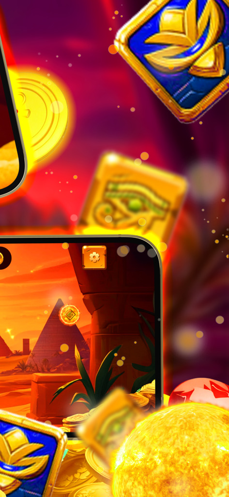 Egypt: Sun Eclipse - Interfaz vibrante del juego arcade con soles brillantes y símbolos del antiguo Egipto sobre un paisaje desértico con pirámides