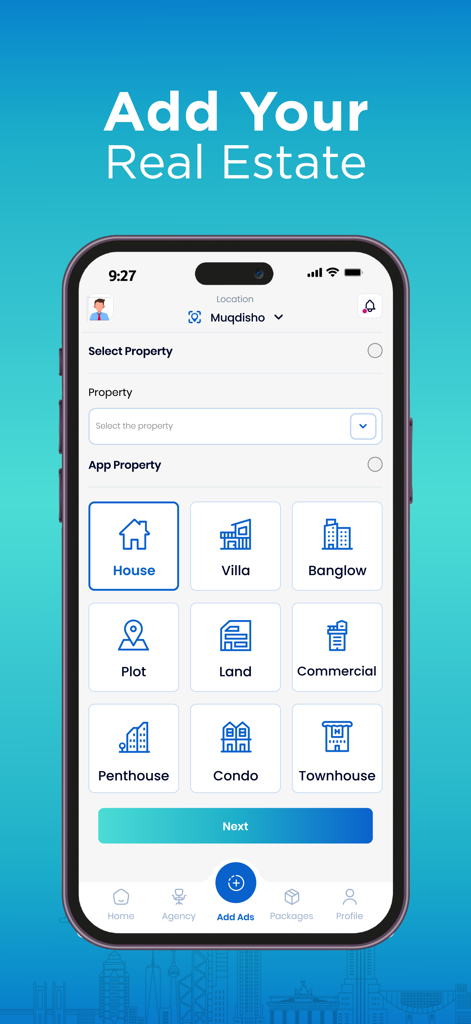 Homekey Finder アプリのインターフェイス。新しい不動産リスティングを追加するためのさまざまな物件カテゴリが表示されています。