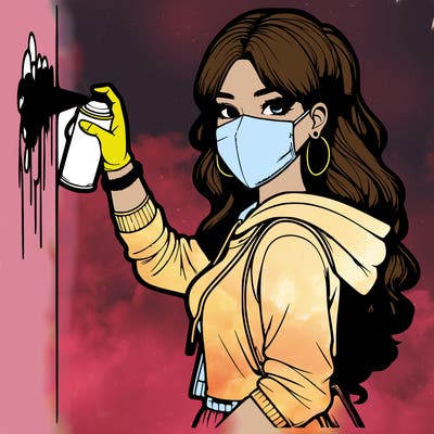 realistic girl with mask spray painting a wall