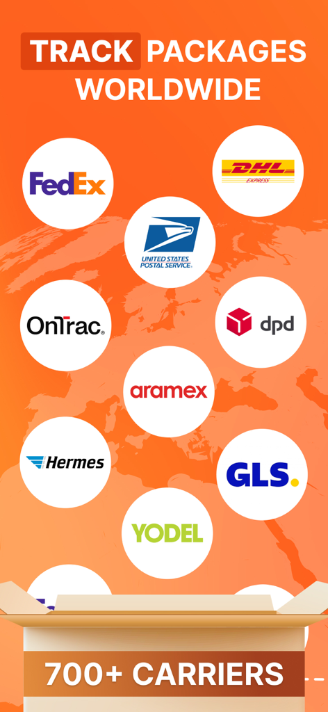 Package Delivery Tracker App - Tela do aplicativo de rastreamento de entrega de pacotes mostrando suporte para mais de 700 transportadoras globais, incluindo FedEx, DHL e USPS.