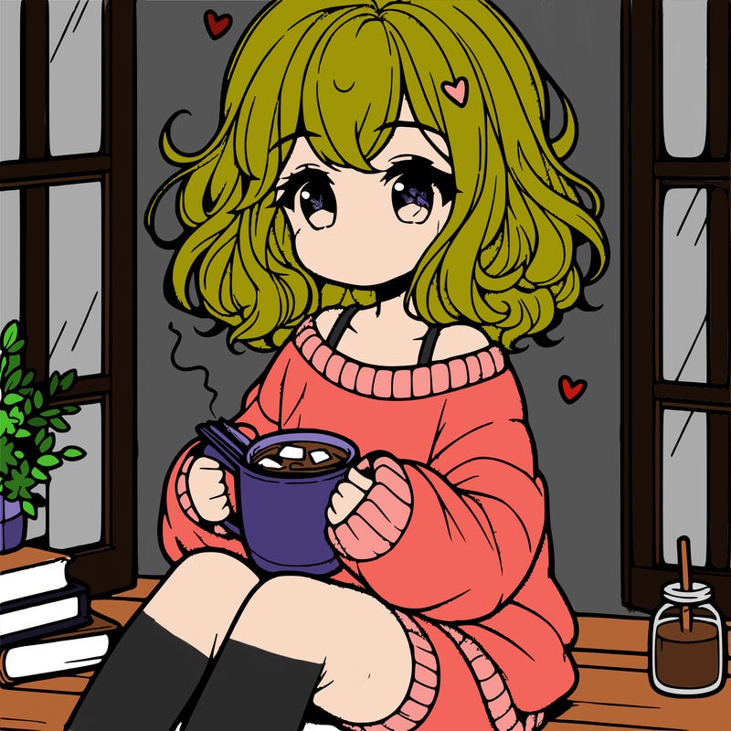 cute anime girl reading book and drinking hot chocolate from mug with loose wavy hair wearing a baggy sweatshirt and shorts sitting by windowsill looking out