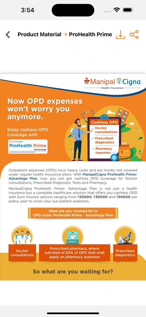 GoHealth Next - Folleto de marketing ManipalCigna ProHealth Prime Advantage que destaca la cobertura OPD sin efectivo para consultas médicas y diagnósticos.