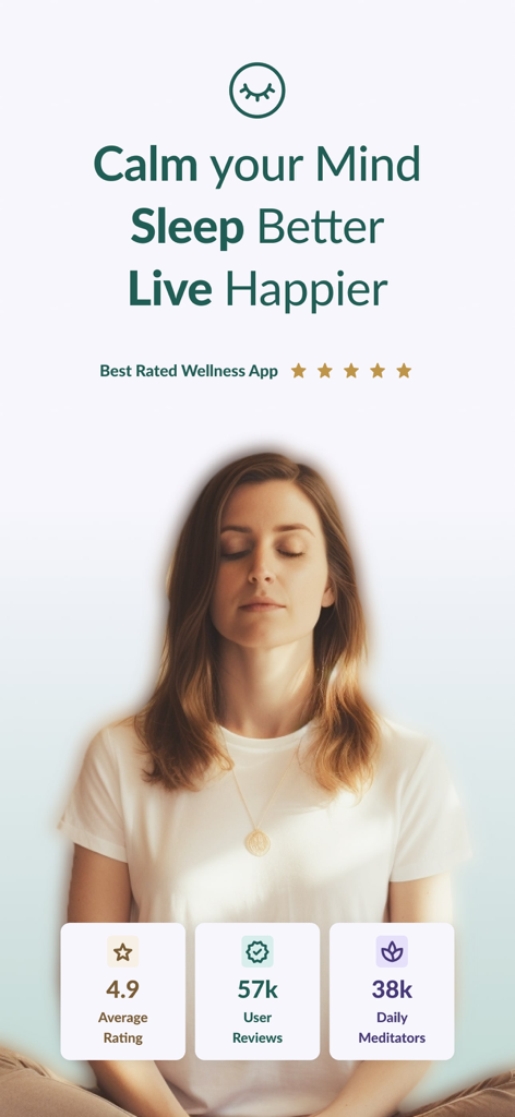 Pura Mente: Sleep & Meditation - Eine Frau meditiert mit dem Text Calm your Mind Sleep Better Live Happier und App-Bewertungen.