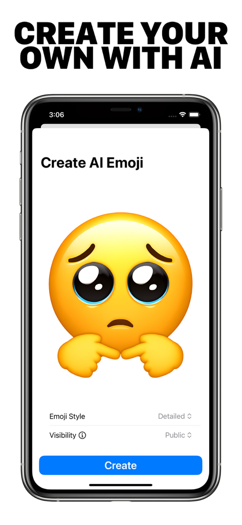 Interface de l'application Emojis IA montrant la création d'un emoji de visage timide personnalisé.