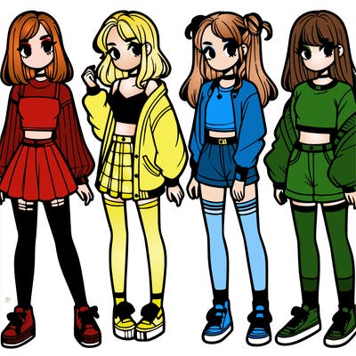 one girl with crop-top shirt and a jacket with a skirt, long socks and another girl with a shirt and pants with a jacket