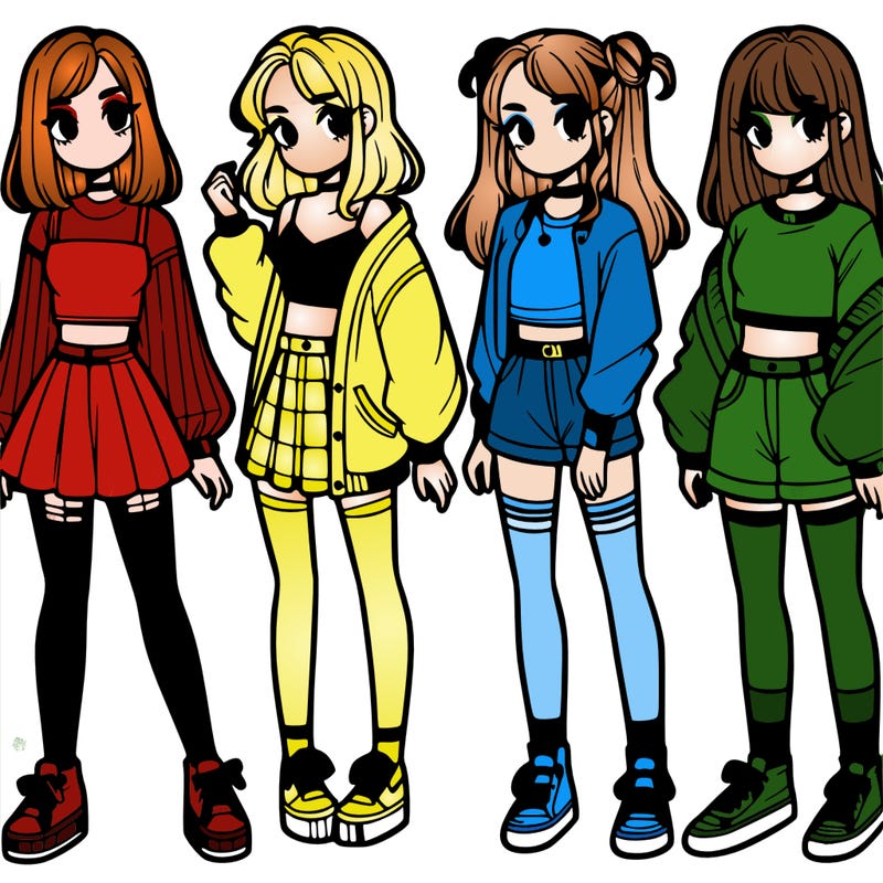 one girl with crop-top shirt and a jacket with a skirt, long socks and another girl with a shirt and pants with a jacket